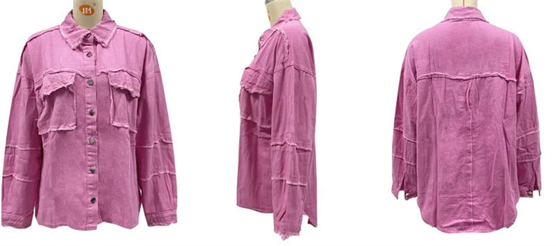 2025 Spring Autumn Shirt Style Denim Jacket Women Holes Raw-edges Jeancoat Casual Tops Female Oversize Loose Outerwear 7 Colors