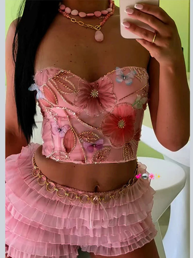 Flower Embroidery Bead Fish Bone Suspender Women Bra Sexy Exposed Waist Metal Buckle Top Party Vacation Female Tops 2025 Summer