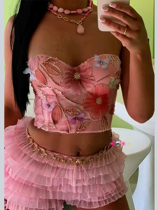 Flower Embroidery Bead Fish Bone Suspender Women Bra Sexy Exposed Waist Metal Buckle Top Party Vacation Female Tops 2025 Summer