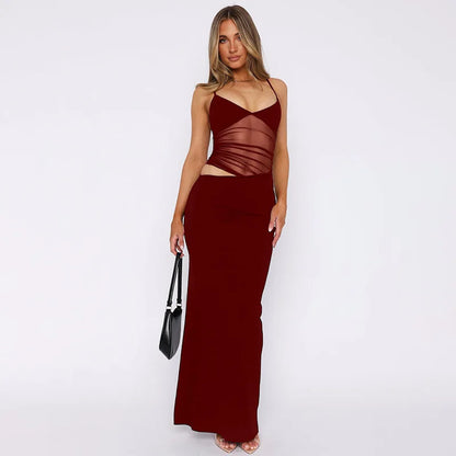 Mesh Thin Shoulder Strap Women's Plus Size Dress Sexy High Street Low Collar Patch Long Robe Women's Party Vest