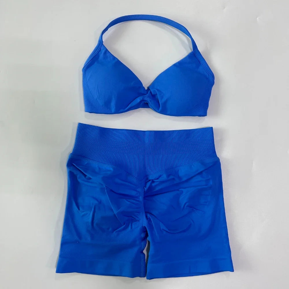 NO LOGO 2PCS Gym Set Women Strappy Yoga Bra Top High Waist Workout Scrunch Shorts Sports Suit Seamless Yoga Set Fitness Clothes Badiee Stylez