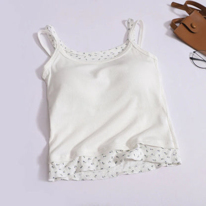 Women Sweet Patchwork Floral Printing Tank Tops With Bra Pad Sexy Off Shoulder Spaghetti Strapy Top Summer Worn Outside Camisole WHITE One Size