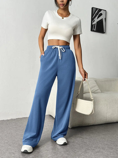 Casual Wide Leg Sports Pants for Women Casual Straight Leg Loose Solid Color Elastic Drawstring High Waisted Wide Leg Pants