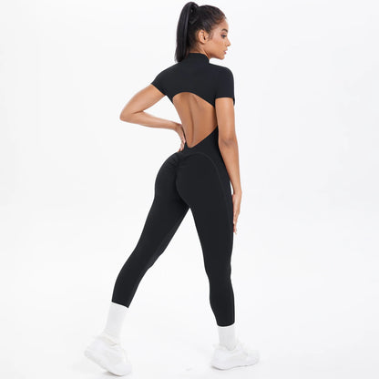 Short Sleeved Fitness Jumpsuit for Woman Bodysuits Backless Solid Color Scrunch One-Piece Suit Half Zipper Gym Yoga Sets Womens