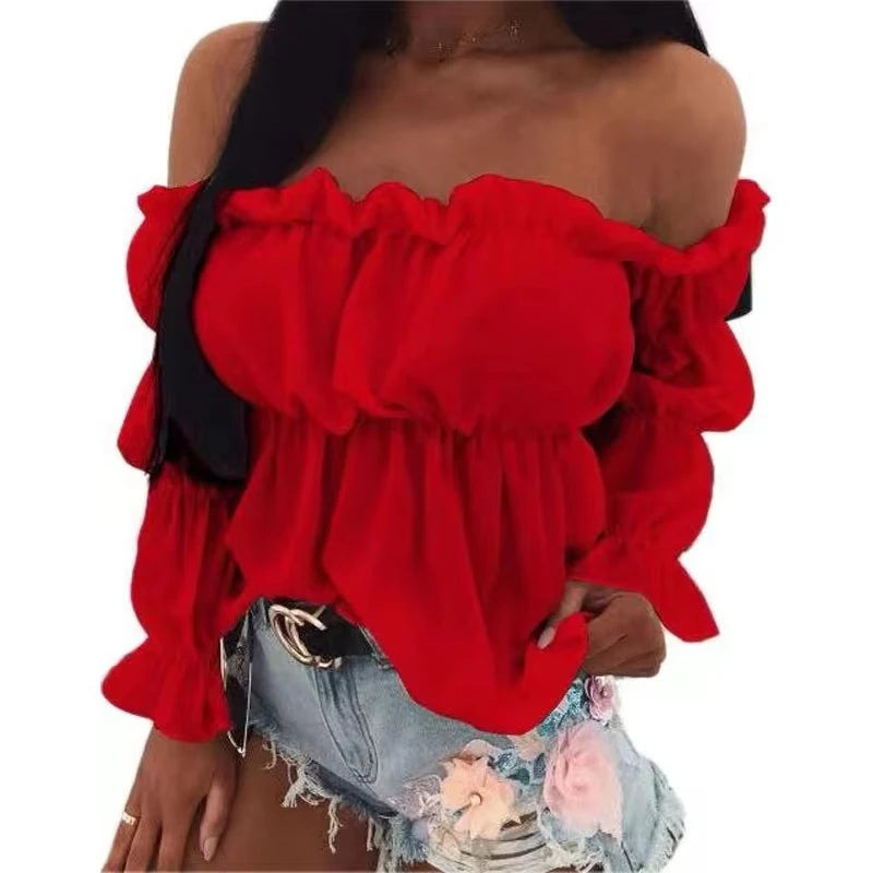 Women's Fashion One-line Collar Waist Shirt Women's Pleated Casual Long Sleeve Solid Color Shirt Woman