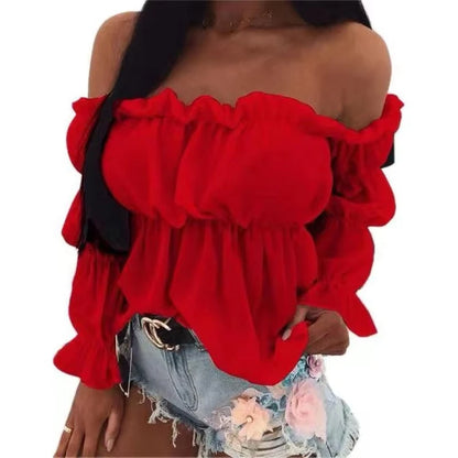 Women's Fashion One-line Collar Waist Shirt Women's Pleated Casual Long Sleeve Solid Color Shirt Woman