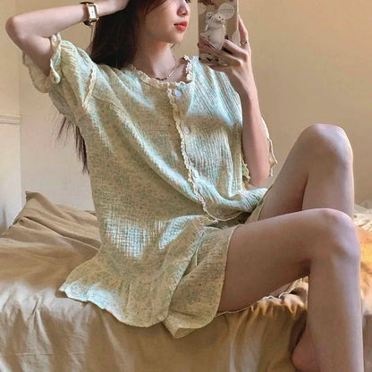 Ruffles Women Pajamas Sets for Home Summer Floral Sleepwear Shorts Sleeve Lace 2 Pieces Button Night Wears Korean Home Suit 2024