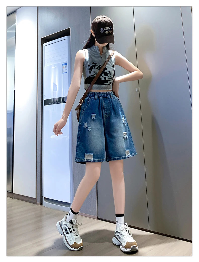Plus Size Denim Shorts For Women 2024 Summer Wide Leg Loose Blue Jeans Shorts High Elastic Waist Half Length Casual Denim Shorts