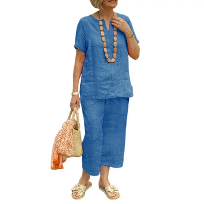 2Pcs Women Blouse Pants Set Solid Color Short Sleeve Loose Top Wide Leg Straight Pants Sets Casual Matching Tracksuit Outfit Royal Blue