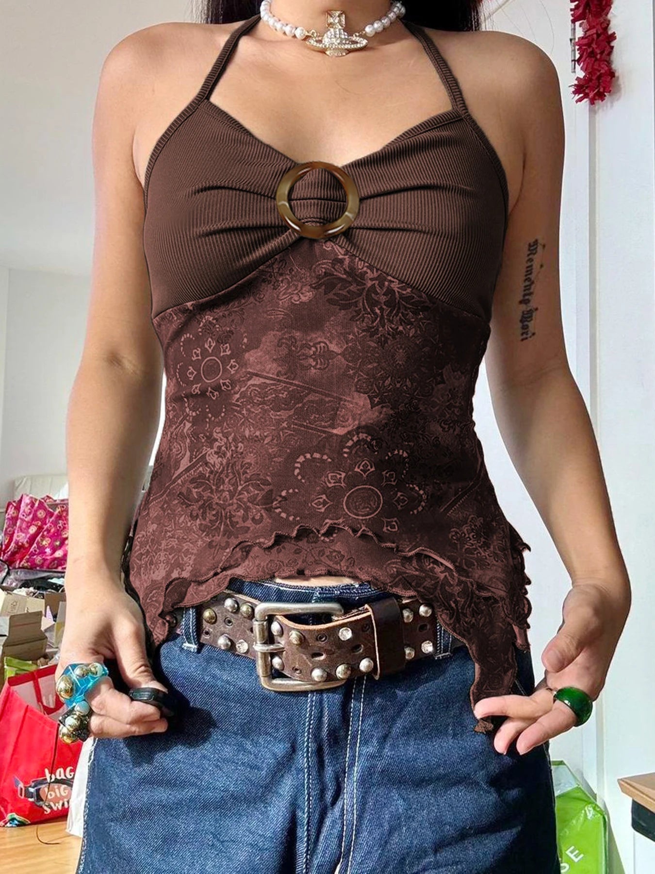 Rockmore Boho Vintage Print Mesh Patchwork Crop Top Women V Neck Camis Y2K Streetwear Female Coquette Aesthetic Clothes 2024