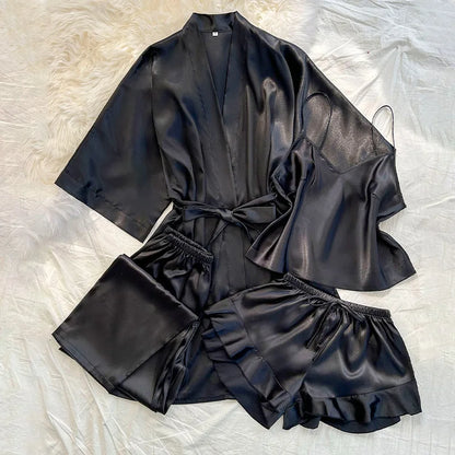 Spring Summer New Women Pajama Four Piece Suit Sleepwear Silky Satin Kimono Bathrobe Trouser Suits Loose Home Clothes Loungewear Black Robe Set A