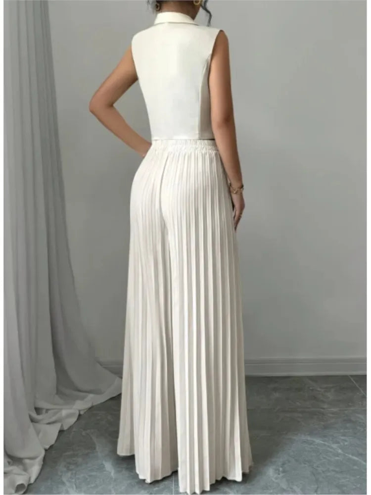 Women Fashion Solid Office Suit Casual Slim Button Two Piece Set Elegant Turn Down Collar Sleeveless Blazer&Pleat Pants Outfits