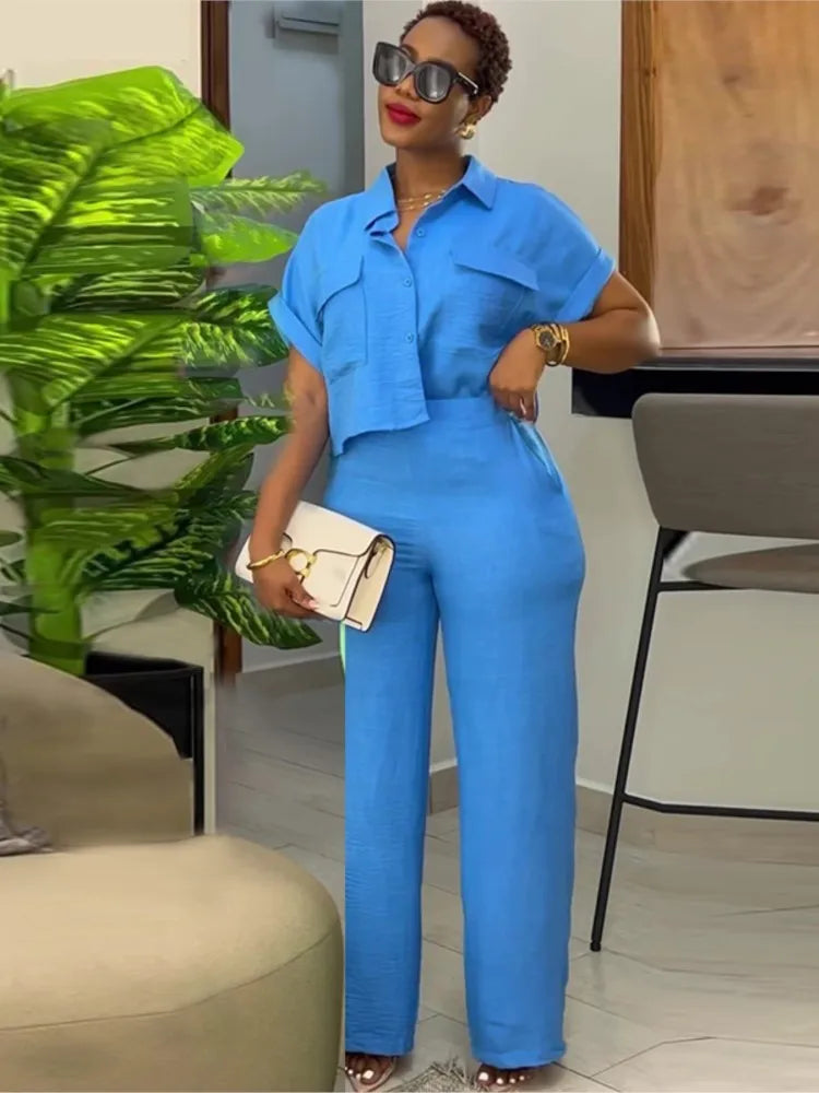 Women's Two-piece Set Spring Summer New Style Lapel Short-sleeved Shirt High Waist Wide Leg Trousers Casual Suit Women Clothing Blue