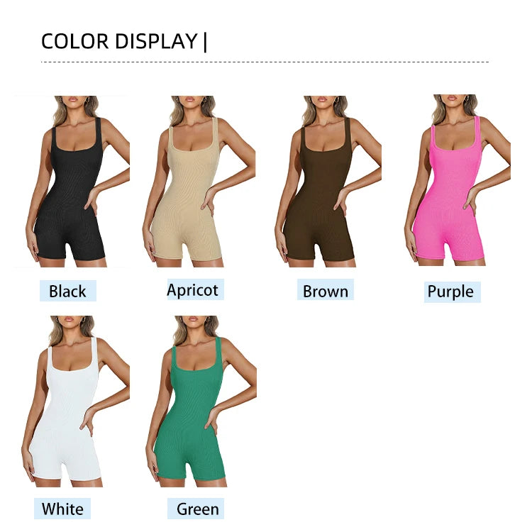 Women's Solid Color Camisole Square Neck Stretchy One-Piece Jumpsuit Sports Tank Top with Tight Pants And Belly Control