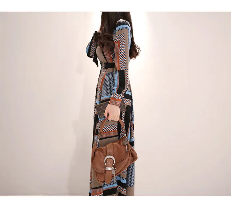 H Han Queen Vintage Print Elegant Long Dress Women Spring Single-breasted Shirt Dresses Waist Swing Ankle-length Vestidos