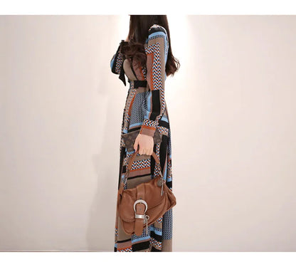 H Han Queen Vintage Print Elegant Long Dress Women Spring Single-breasted Shirt Dresses Waist Swing Ankle-length Vestidos