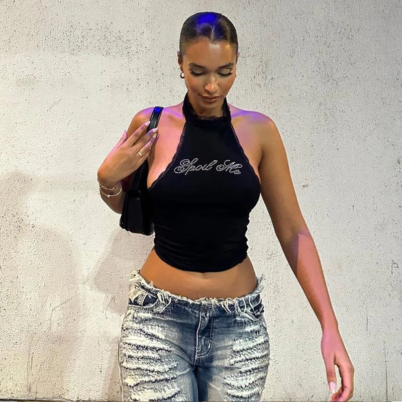 Lygens Halter Rhinestone Diampnds Lace Backless Sleeveelss Women'S Tops Tshirts Y2K Wholesale Casual Solid Fashion Clothing