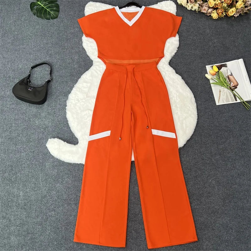 Elegant Women's Casual Short Sleeve T-shirt Sports Suit Summer Fashion Solid V Neck Short Top & Straight Pants Two Piece Sets