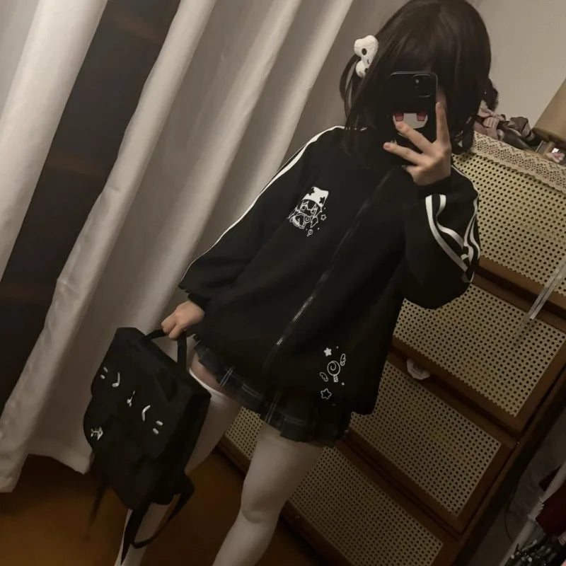 Preppy Style Fashion Cute Japanese Zip Up Cardigan Harajuku Punk Grunge Loose Turn Down Collar Y2k Hoodies Casual Sweatshirts Badiee Stylez