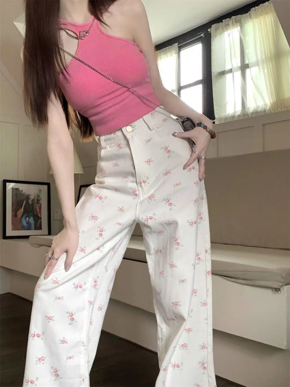 White floral straight jeans women's early autumn new thin loose high waist covered Joker slim casual wide-leg pants. jeans