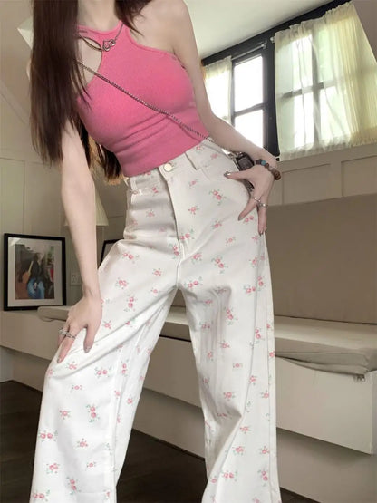 White floral straight jeans women's early autumn new thin loose high waist covered Joker slim casual wide-leg pants. jeans