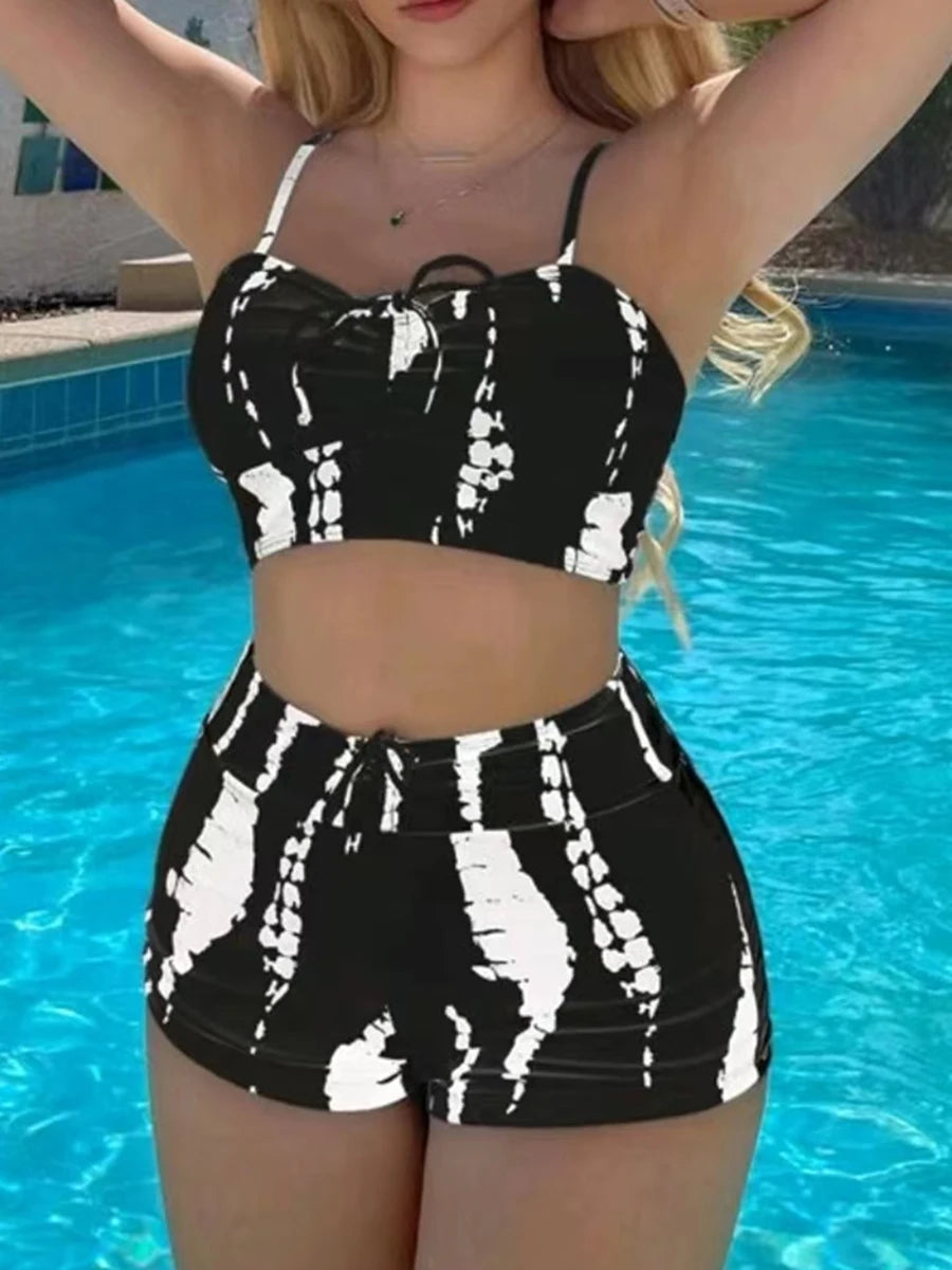 Drawstring Front Shorts Bikinis 2025 High Waist Swimsuit Women Swimwear Female Bathers Bathing Swimming Swim Suit Beachwear Black