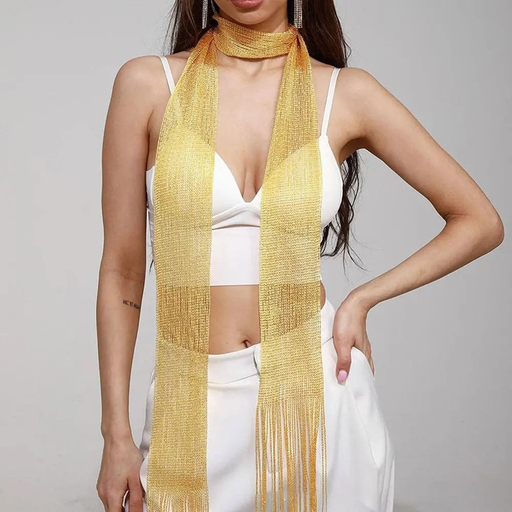 Fashion Lace Tassel Scarf Thin Long Glitter Bright Silk Sunscreen Shawl Shiny Lace Necklace For Women Party Evening Dress Scarf Yellow