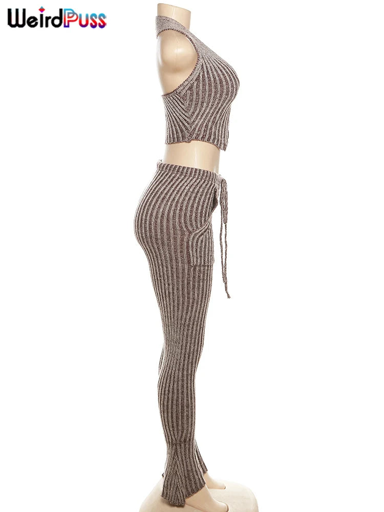 Weird Puss Patchwork Striped Women Casual 2 Piece Set Crochet Halter Low-Neck Vest+Pocket Pants Stretch Skinny Matching Suit Badiee Stylez