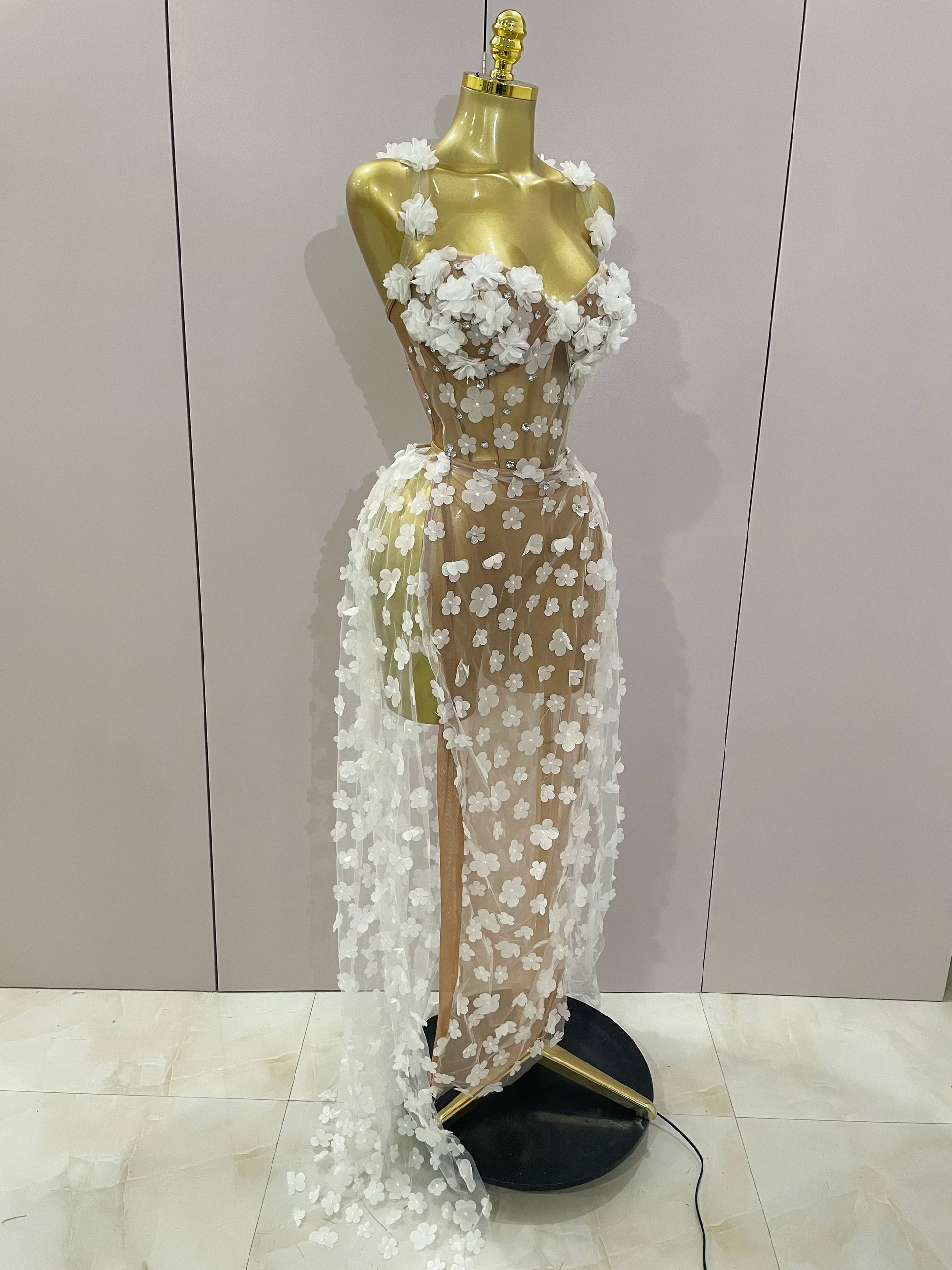 Sexy Mesh See Through Flowers Backless Long Dress 2025 Women Elegant Party Wedding Celebrate Evening Gown Prom Hotwife Outfit