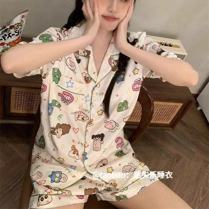 Summer ort Sve Cartoon Pencil Sketch Home Clothes Two-Piece Set for Women Cute Student Spwear Sweet Sle