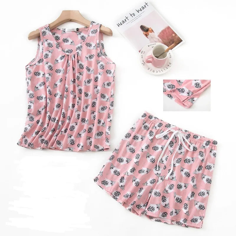 Hzioiys Summer Pajamas Sets Cotton Sleepwear Suit Women Casual Pajama Sets Cartoon Vest Shirt + Shorts Pajamas Suit Plus Size