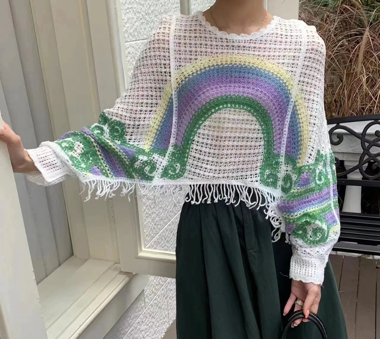 Embroidery Rainbow Crochet Top Sheer Openwork Pullover Batwing Sleeve Cover Up for Women Spring Summer Fairycore Outfit Badiee Stylez