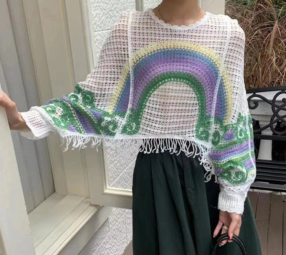 Embroidery Rainbow Crochet Top Sheer Openwork Pullover Batwing Sleeve Cover Up for Women Spring Summer Fairycore Outfit Badiee Stylez