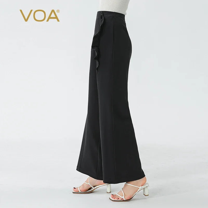 VOA Black 45 Momme Heavyweight Silk Natural Waist Trousers Asymmetrical Ruffle Office Ladies Straight Suit Wide Leg Pants KE797 Badiee Stylez