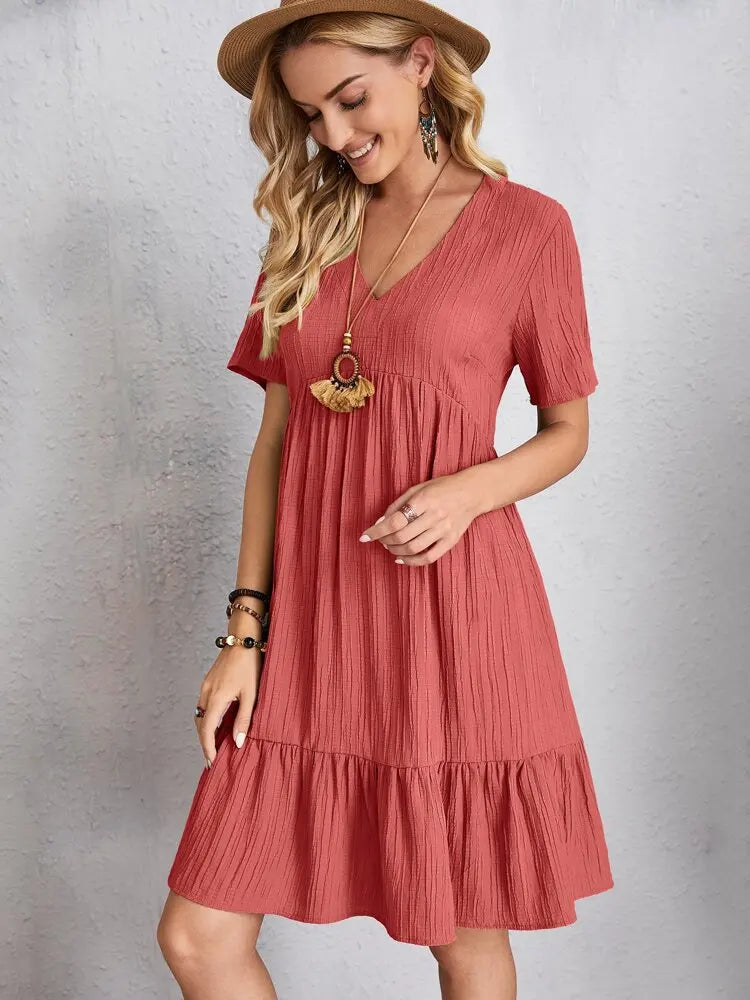 Women Elegant Short Sleeve V Neck Ruffles Dress Summer Casual Solid Loose Mini Dress Chic Bohemian Sundress Beach Party Vestidos Badiee Stylez