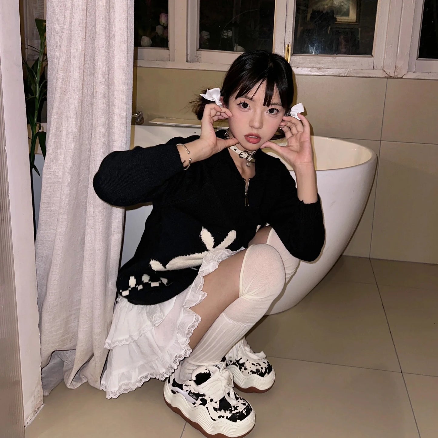 Karrram Japanese Y2k Knit Cardigans Vintage Rabbit Embroidery Zipper Knitwear Harajuku 2000s Korean Knitted Coat Preppy Style