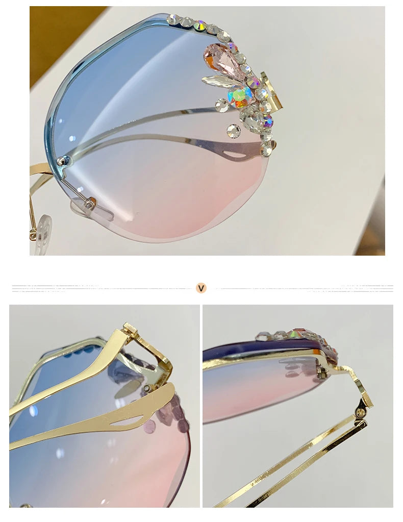 Women's New Diamond-encrusted Sunglasses Rimless Cut Edge Sunglasses Big Face Slimming Sunglasses