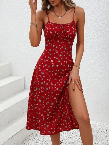 2024 Summer Sexy Spaghetti Straps Dress Women Fashion Polka Dot Print Sleeveless Slit Dress Boho Casual Beach Midi Dresses Burgundy CHINA