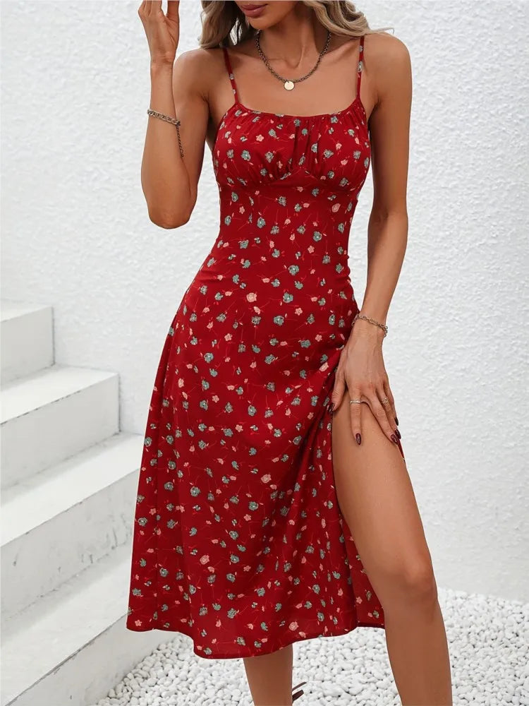 2024 Summer Sexy Spaghetti Straps Dress Women Fashion Polka Dot Print Sleeveless Slit Dress Boho Casual Beach Midi Dresses Badiee Stylez