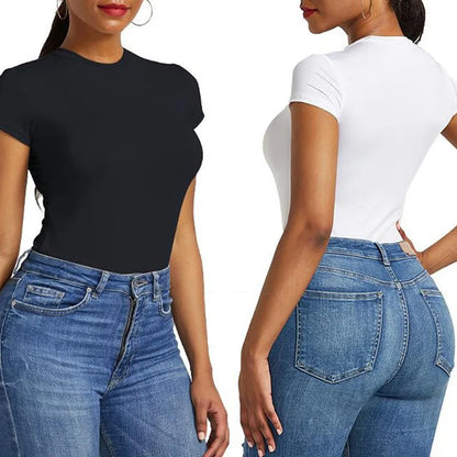 Solid One Piece Bodysuit Short Sleeve O Neck Sexy Open Basic Overalls Women Tight Fitting Body Top Skinny Female