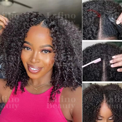 Glueless Kinky Curly V Part Wig Human Hair No Lace Wig Deep Wave Frontal Wig Water Wave Human Hair Wig Brazilian Hair For Women Badiee Stylez