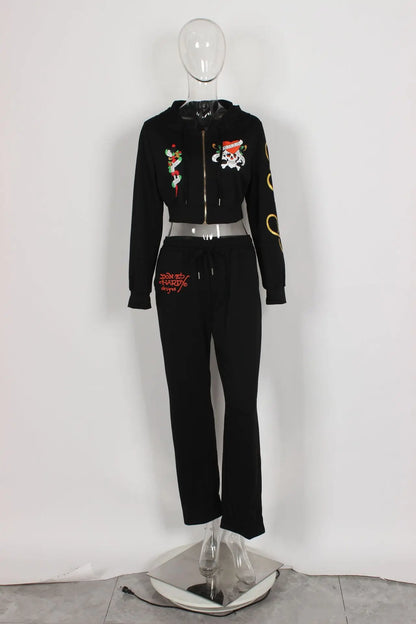 Bangniweigou Skull Love Print Zipper Short Cardigan + High Waist Straight Leg Pants Two Piece Set Women Tracksuit Autumn Winter