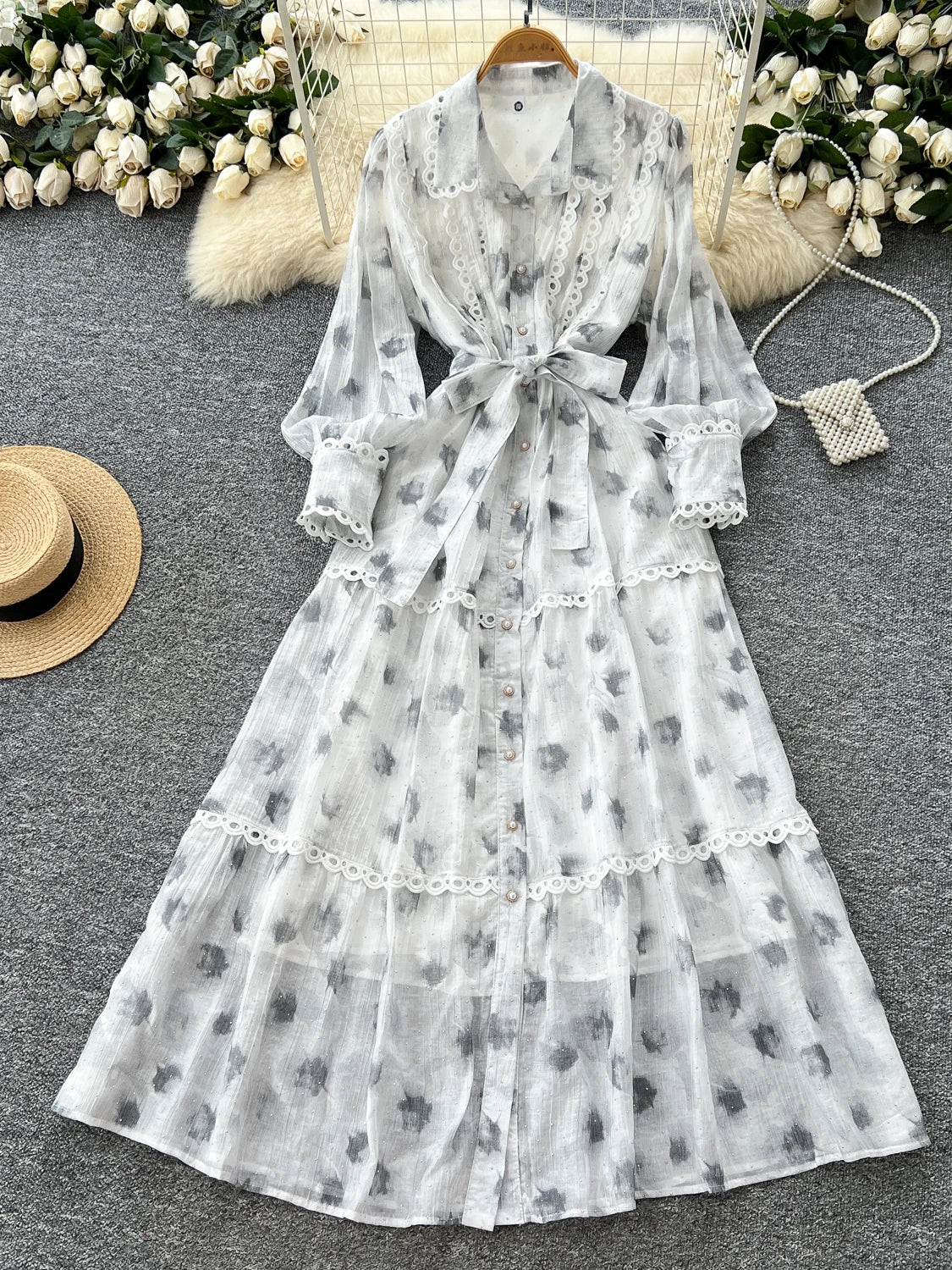 Chic vintage rhinestone lace-up slim Elegant Fairy korean fashion Boho Sundress women clothing Long dress GRAY One Size