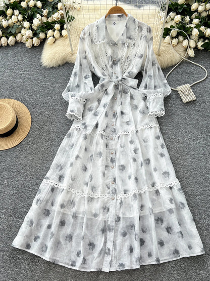 Chic vintage rhinestone lace-up slim Elegant Fairy korean fashion Boho Sundress women clothing Long dress GRAY One Size