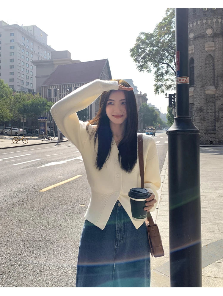 AOSSVIAO Knitted Casual Cardigan 2025 Autumn Winter Elegance Solid Color V-neck Sweater Unique and Niche Slim Fit Tops Badiee Stylez