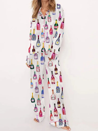 Womens Satin Pajamas Sets 2 Piece Set Champagne Bottle Wine Glasses Long Sleeve Button down Shirt Pants Satin Silk Loungewear