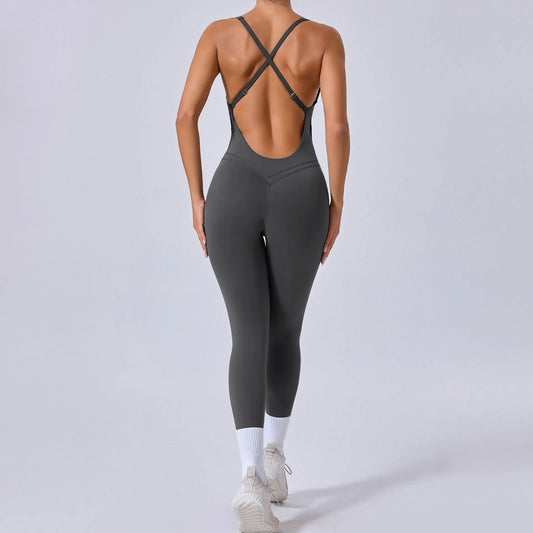 Rompers Yoga Sets Solid Black Hollow Out Bandage Backless Cross Jumpsuit for Women Fitness One-piece Gym Clothing Tracksuit DARK GRAY