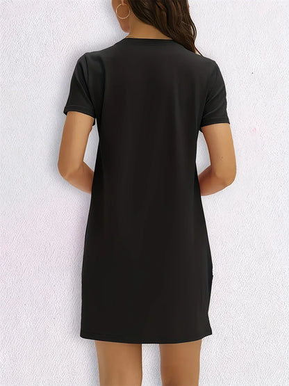Women'S Casual Knit TShirt Dress with Heart Print Crew Neck Short Sleeve Fashionable Top Black with Colorful Flag Design