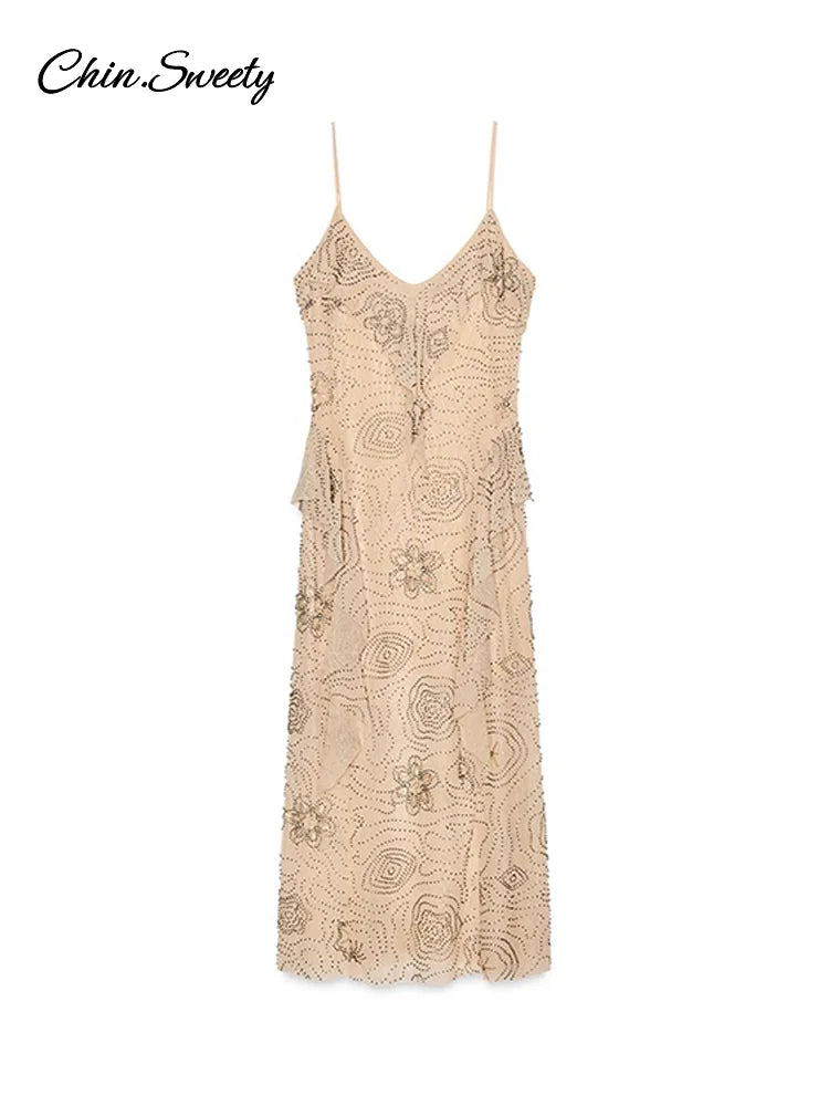 Sexy Beading Ruffle Long Dress Women Embroidery Slip Sleeveless Backless Party Evening Dresses 2025 Summer Lady Shiny Slim Gowns