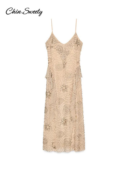 Sexy Beading Ruffle Long Dress Women Embroidery Slip Sleeveless Backless Party Evening Dresses 2025 Summer Lady Shiny Slim Gowns